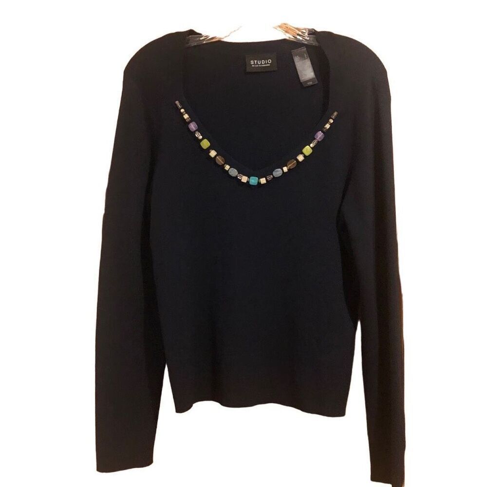 STUDIO Liz Claiborne Size L Navy VNeck Long Slv Sweater Stone Accents